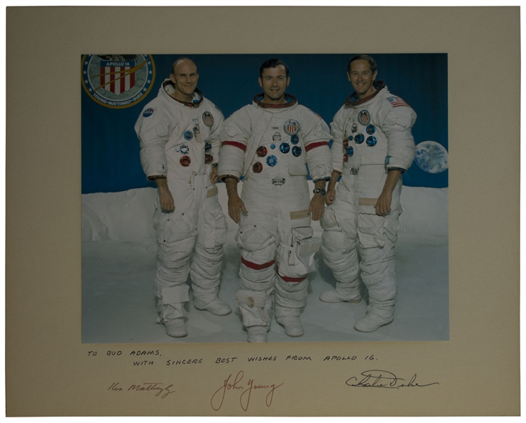 Apollo 16 Crew-Signed 20'' x 16'' Photo of the Astronauts in Their White Spacesuits -- Presented to Houston Oilers Owner Bud Adams
